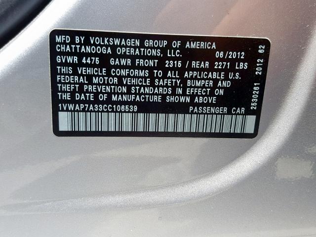 1VWAP7A33CC106539 - 2012 VOLKSWAGEN PASSAT S SILVER photo 10