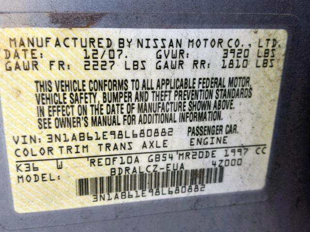 3N1AB61E98L680882 - 2008 NISSAN SENTRA 2.0 GRAY photo 10