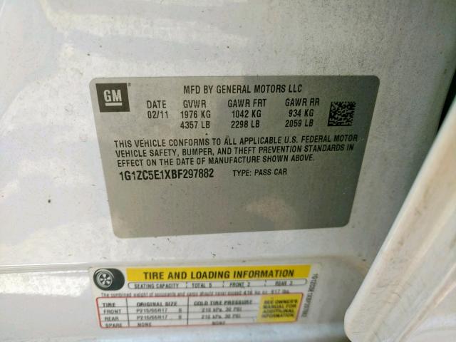 1G1ZC5E1XBF297882 - 2011 CHEVROLET MALIBU 1LT 白色 照片 10