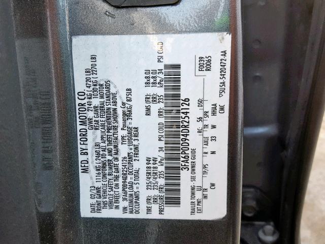 3FA6P0D94DR254126 - 2013 FORD FUSION TIT GRAY photo 10