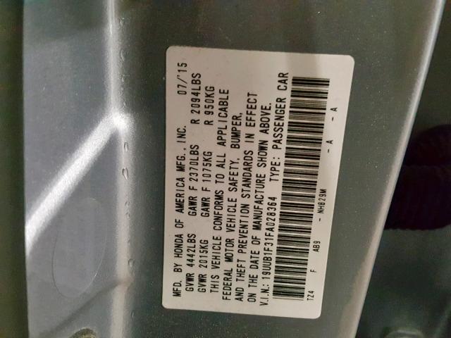 19UUB1F31FA028364 - 2015 ACURA TLX GRAY photo 10