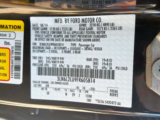 3LN6L2LU9FR605814 - 2015 LINCOLN MKZ HYBRID BLACK photo 10