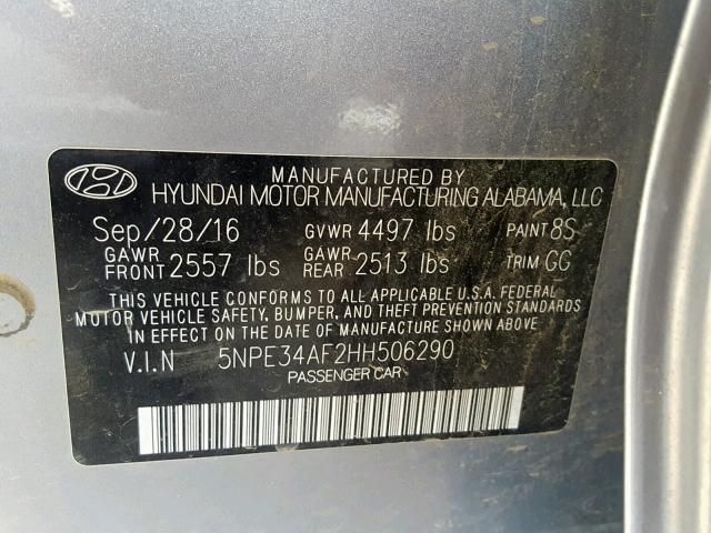 5NPE34AF2HH506290 - 2017 HYUNDAI SONATA SPO SILVER photo 10