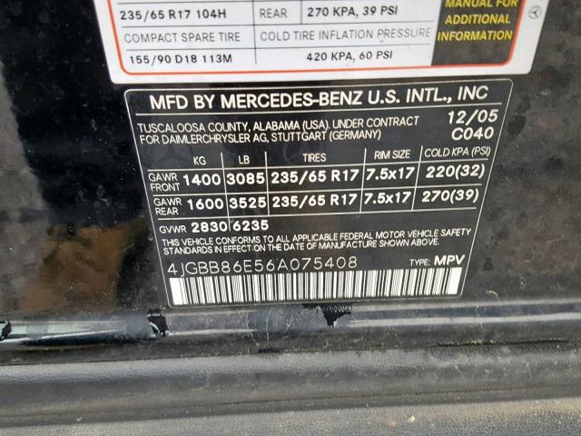 4JGBB86E56A075408 - 2006 MERCEDES-BENZ ML 350 BLACK photo 10