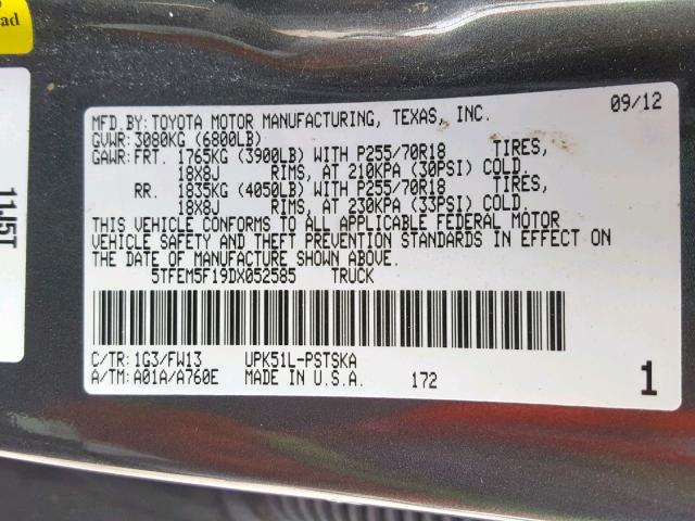 5TFEM5F19DX052585 - 2013 TOYOTA TUNDRA CRE GRAY photo 10