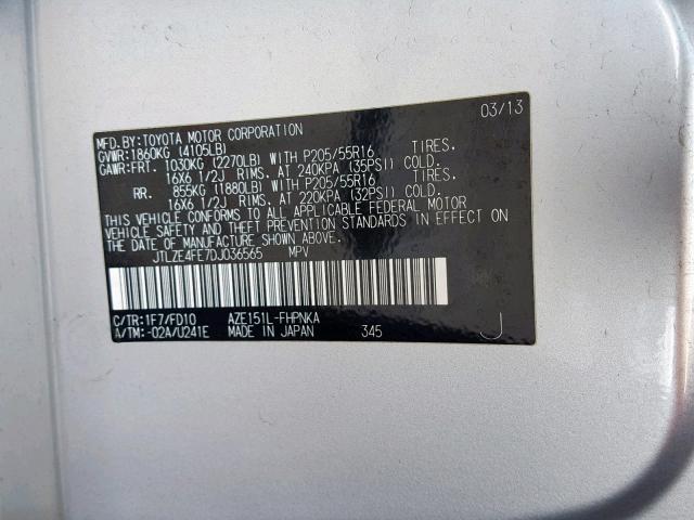 JTLZE4FE7DJ036565 - 2013 TOYOTA SCION XB 银色 照片 10