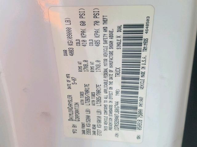 1D7KS28A07J606744 - 2007 DODGE RAM 2500 S თეთრი ფოტო 10