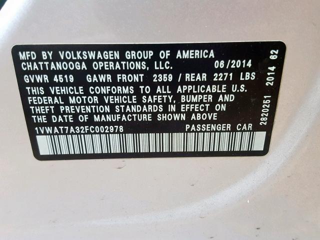 1VWAT7A32FC002978 - 2015 VOLKSWAGEN PASSAT S SILVER photo 10