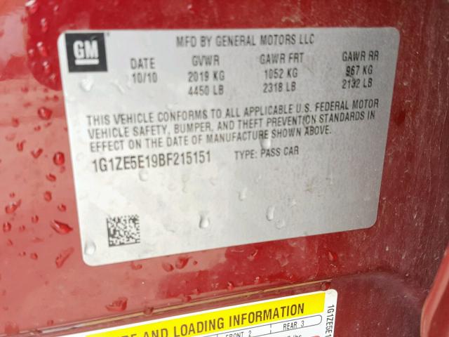 1G1ZE5E19BF215151 - 2011 CHEVROLET MALIBU LTZ წითელი ფოტო 10