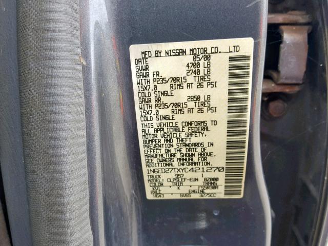 1N6ED27TXYC421270 - 2000 NISSAN FRONTIER C GRAY photo 10