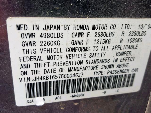 JH4KB16575C004627 - 2005 ACURA RL GRAY photo 10