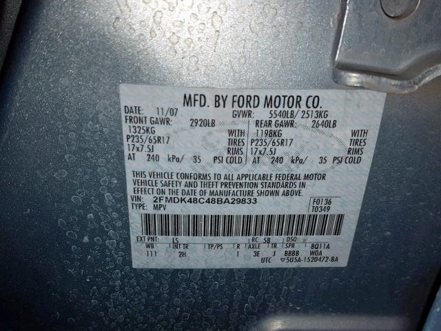 2FMDK48C48BA29833 - 2008 FORD EDGE SEL BLUE photo 10