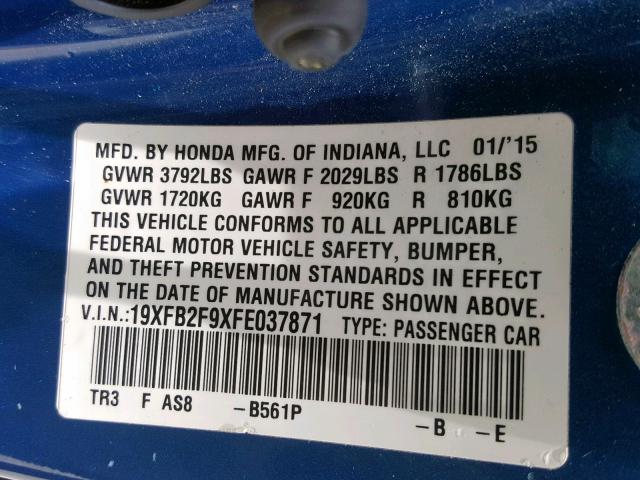 19XFB2F9XFE037871 - 2015 HONDA CIVIC EXL BLUE photo 10