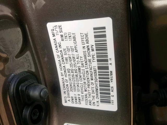 2HKRM3H73GH506871 - 2016 HONDA CR-V EXL GRAY photo 10