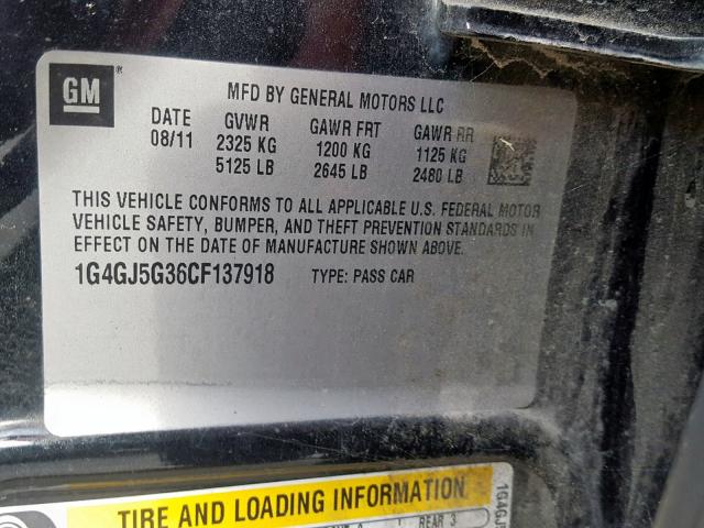 1G4GJ5G36CF137918 - 2012 BUICK LACROSSE T BLACK photo 10