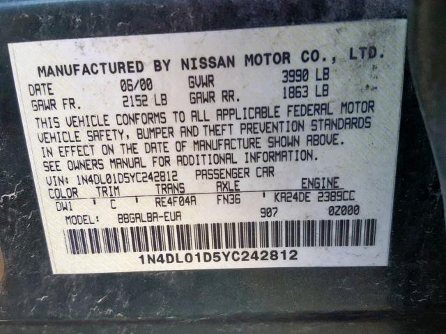 1N4DL01D5YC242812 - 2000 NISSAN ALTIMA XE GREEN photo 10