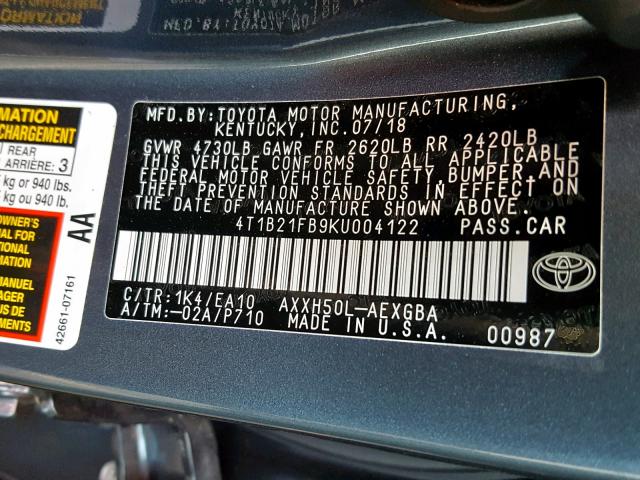 4T1B21FB9KU004122 - 2019 TOYOTA AVALON XLE GRAY photo 10