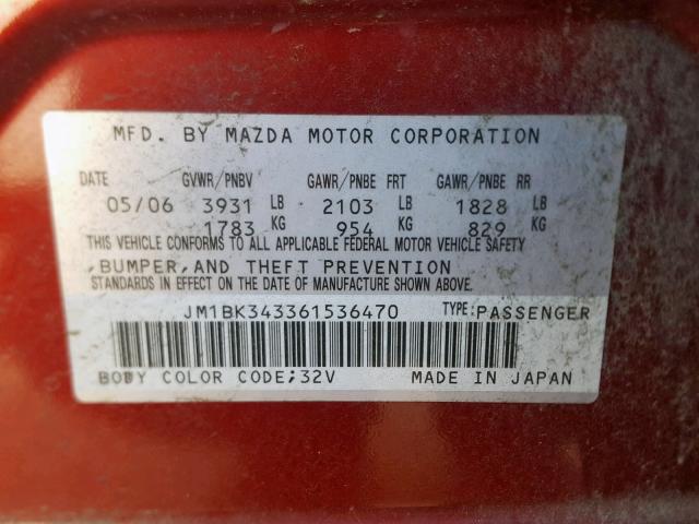 JM1BK343361536470 - 2006 MAZDA 3 HATCHBAC BURGUNDY photo 10