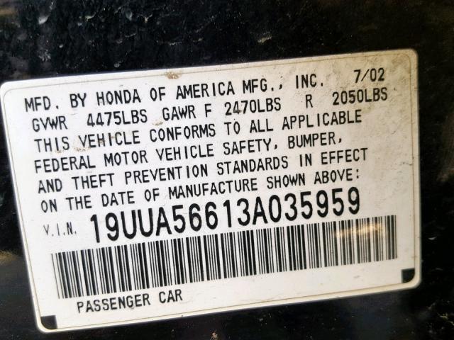 19UUA56613A035959 - 2003 ACURA 3.2TL BLACK photo 10