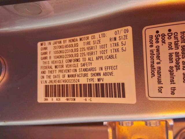 JHLRE48749C023524 - 2009 HONDA CR-V EXL SILVER photo 10