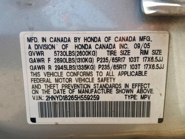 2HNYD18265H559259 - 2005 ACURA MDX SILVER photo 10