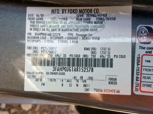 3FAHP0JG1AR152578 - 2010 FORD FUSION SEL BLACK photo 10