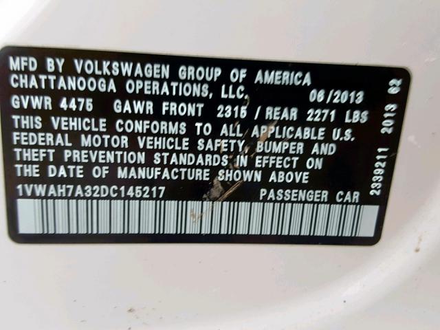 1VWAH7A32DC145217 - 2013 VOLKSWAGEN PASSAT S WHITE photo 10