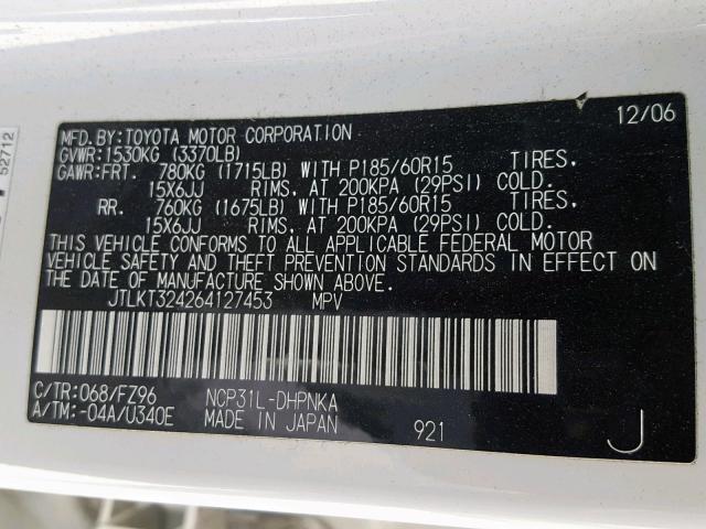 JTLKT324264127453 - 2006 TOYOTA SCION XB 白色 照片 10