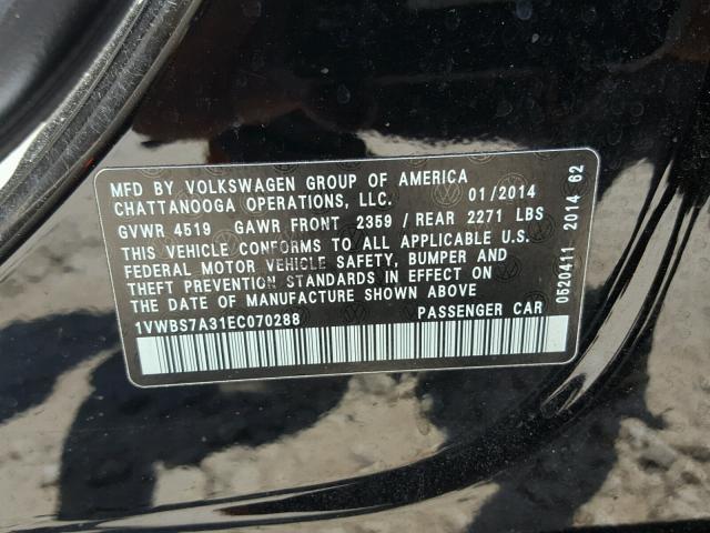 1VWBS7A31EC070288 - 2014 VOLKSWAGEN PASSAT SE BLACK photo 10