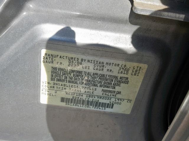 3N1AB61E08L722615 - 2008 NISSAN SENTRA 2.0 GRAY photo 10