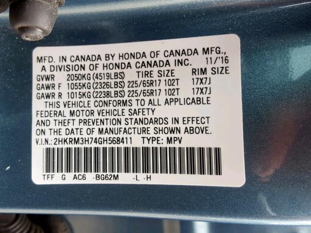 2HKRM3H74GH568411 - 2016 HONDA CR-V EXL BLUE photo 10