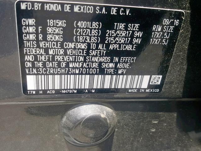 3CZRU5H73HM701001 - 2017 HONDA HR-V EXL GRAY photo 10