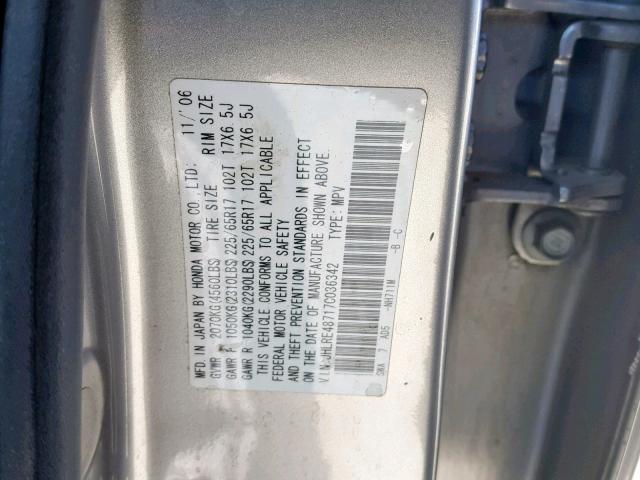 JHLRE48717C036342 - 2007 HONDA CR-V EXL SILVER photo 10