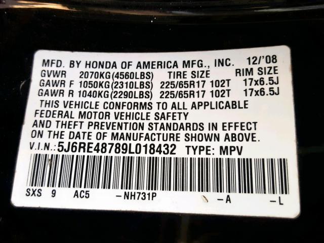 5J6RE48789L018432 - 2009 HONDA CR-V EXL BLACK photo 10