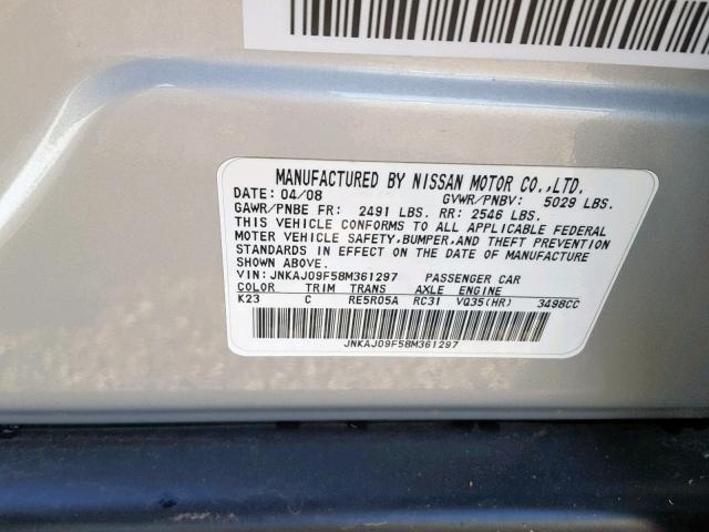 JNKAJ09F58M361297 - 2008 INFINITI EX35 BASE SILVER photo 10