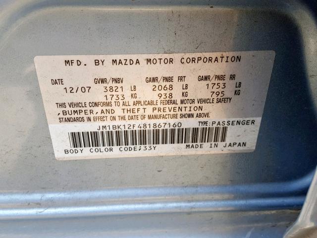 JM1BK12F481867160 - 2008 MAZDA 3 I BLUE photo 10