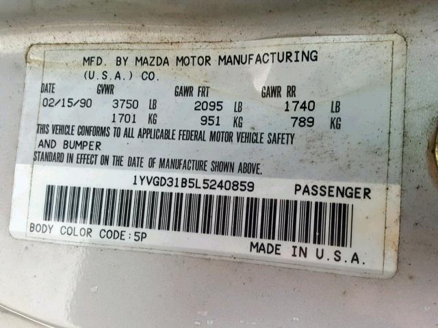 1YVGD31B5L5240859 - 1990 MAZDA MX-6 SILVER photo 10