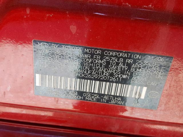 JTHCK262972012611 - 2007 LEXUS IS 250 RED photo 10