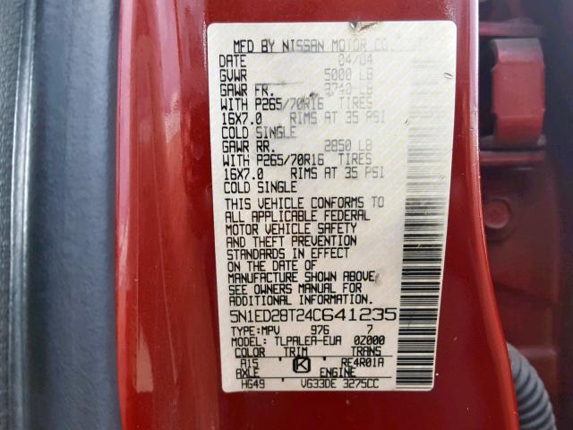 5N1ED28T24C641235 - 2004 NISSAN XTERRA XE RED photo 10