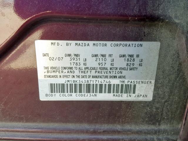 JM1BK343871714746 - 2007 MAZDA 3 HATCHBAC PURPLE photo 10