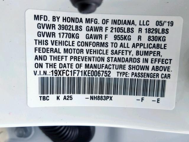 19XFC1F71KE006752 - 2019 HONDA CIVIC EXL WHITE photo 10