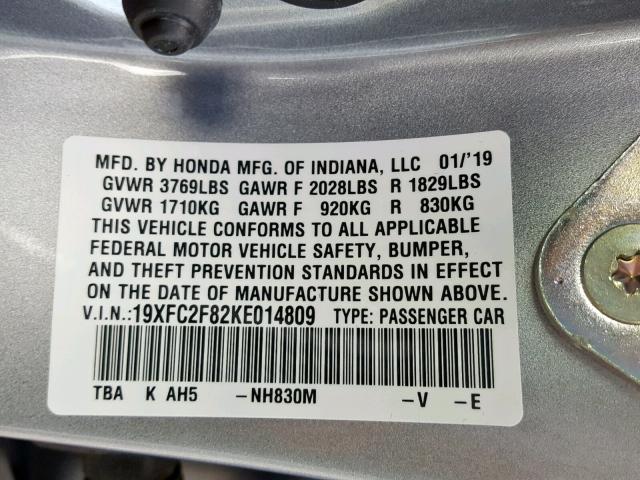 19XFC2F82KE014809 - 2019 HONDA CIVIC SPOR GRAY photo 10