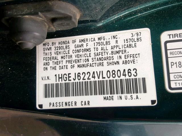 1HGEJ6224VL080463 - 1997 HONDA CIVIC DX BLACK photo 10