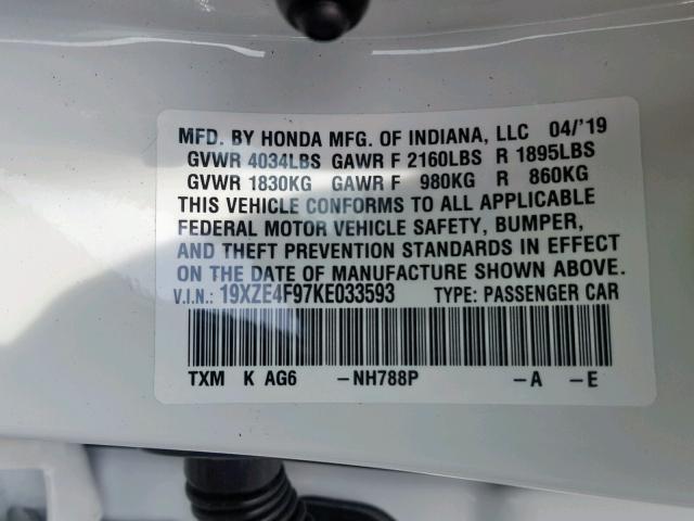 19XZE4F97KE033593 - 2019 HONDA INSIGHT TO WHITE photo 10