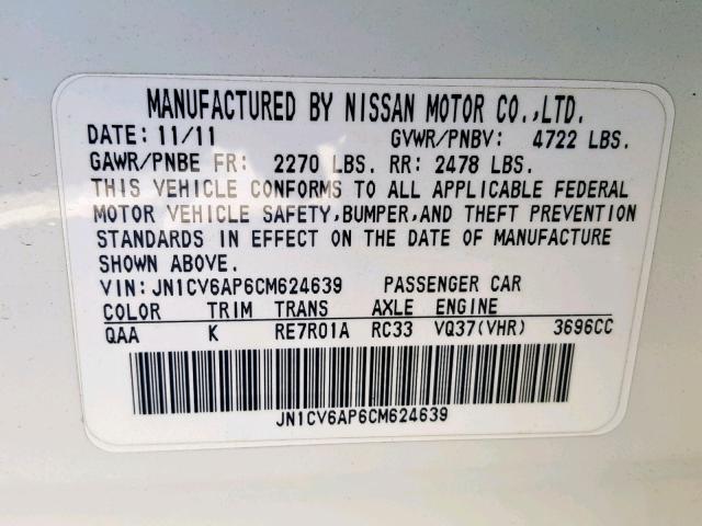 JN1CV6AP6CM624639 - 2012 INFINITI G37 BASE WHITE photo 10