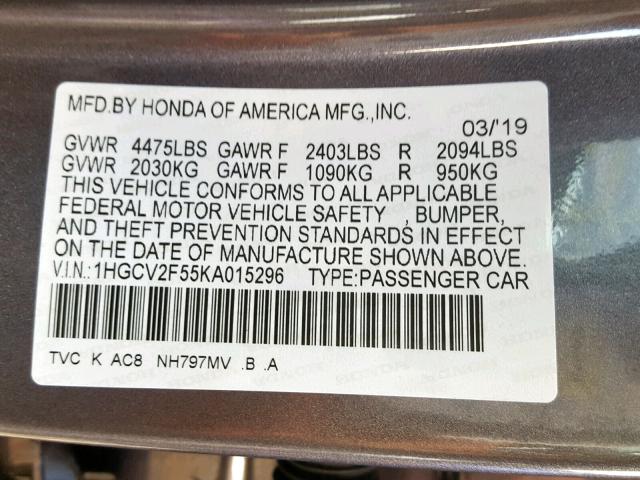 1HGCV2F55KA015296 - 2019 HONDA ACCORD EXL GRAY photo 10