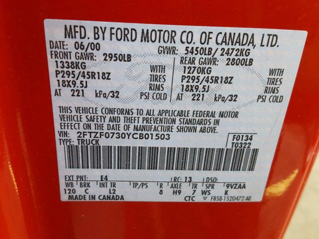 2FTZF0730YCB01503 - 2000 FORD F150 SVT L RED photo 10