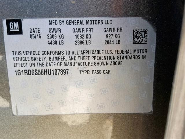 1G1RD6S58HU107897 - 2017 CHEVROLET VOLT PREMI GRAY photo 10