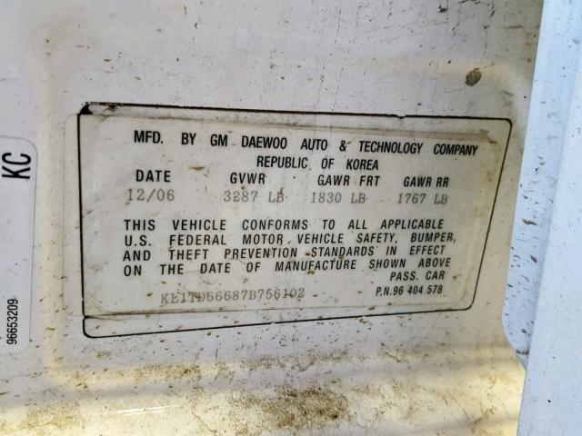 KL1TD66687B756102 - 2007 CHEVROLET AVEO BASE თეთრი ფოტო 10