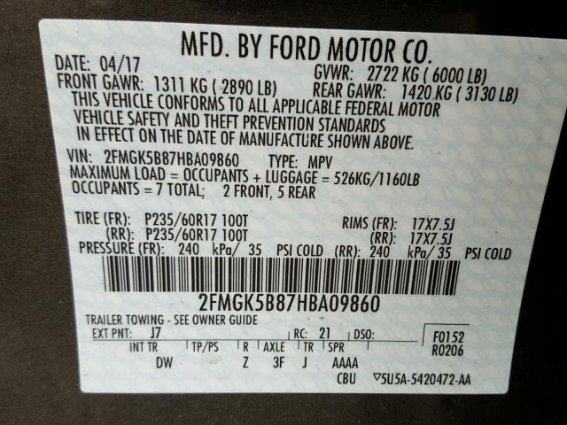 2FMGK5B87HBA09860 - 2017 FORD FLEX SE GRAY photo 10